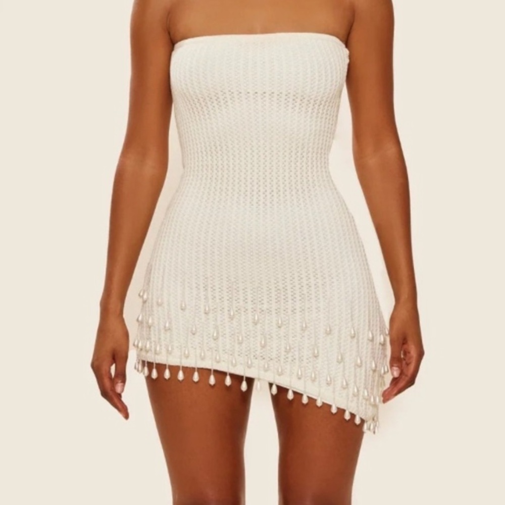 Mars The Label- Gwen Mini - White Strapless Knit Dress with Pearls